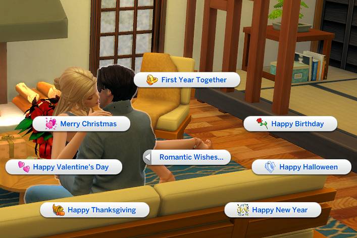 Couple on sofa showing Romantic Wishes pie menu