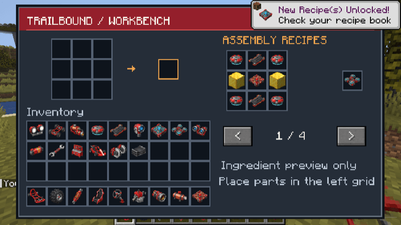 Actual gameplay: the Kart Workbench and Amphibious upgrade recipe.