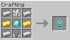 4 Iron in the corners, 2 gold on the sides, a diamond in the middle, a weather crystal on the bottom and quartz on the top