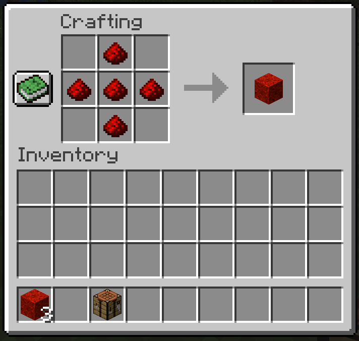The crafting recipe consists of 5 units of redstone arranged in a plus shape
