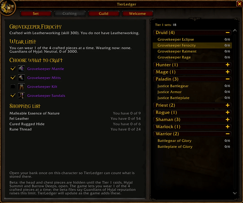 TierLedger Crafting page for WoW Forever with two crafted pieces ticked and the shopping list of materials and Malleable Essence of Nature