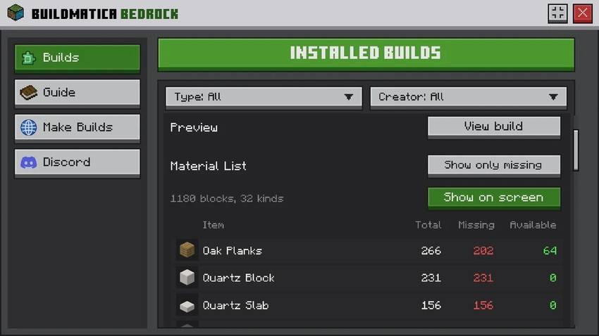 The Buildmatica menu