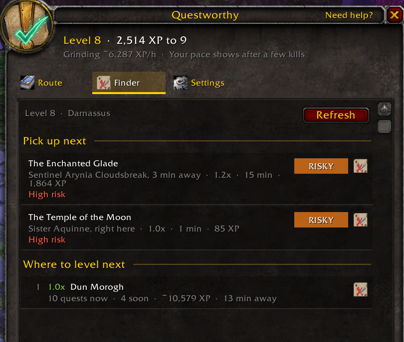 Questworthy Finder tab listing the best quests to pick up next and the best zones to level in.