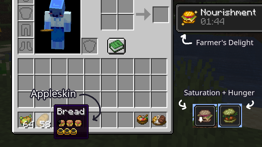 Collage of screenshots showing the mentioned icons, and AppleSkin showing the hunger and saturation of bread.