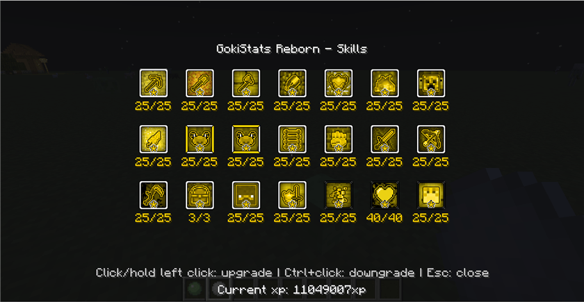 GokiStats Reborn skills menu showing 21 skills and current/max levels