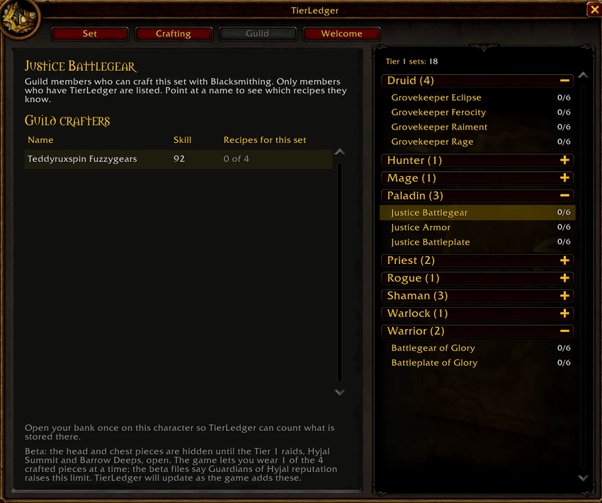 TierLedger Guild page for WoW Forever listing guild crafters with their skill, recipes known, and Whisper buttons