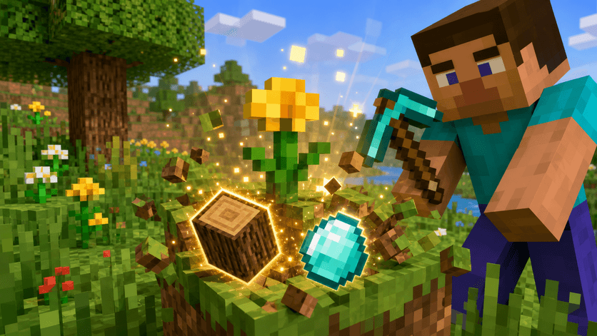 AI-generated concept art of a flower block producing unexpected loot; not a gameplay screenshot