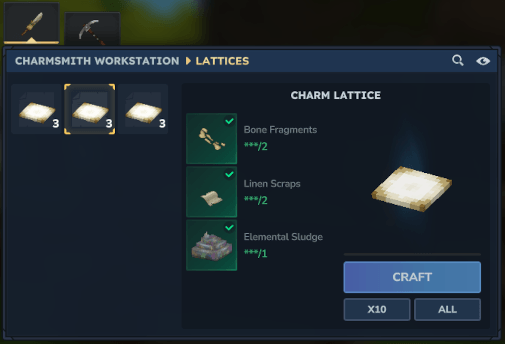 Crafting screen for charm lattices