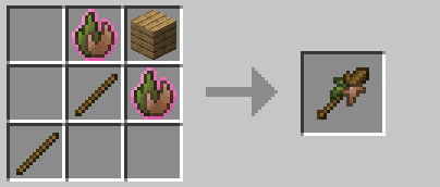 Image of wooden mossthorn crafting recipee, it requires 1 plank on top right corner slot, a stick on the middle and bottom left slots and living moss item around the plank, top middle and center right slots