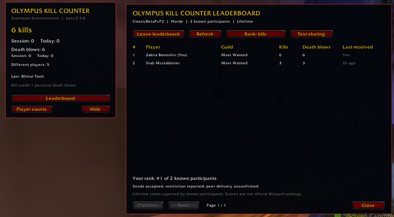 Olympus Kill Counter displaying six lifetime kills, six death blows, and a shared working leaderboard!!