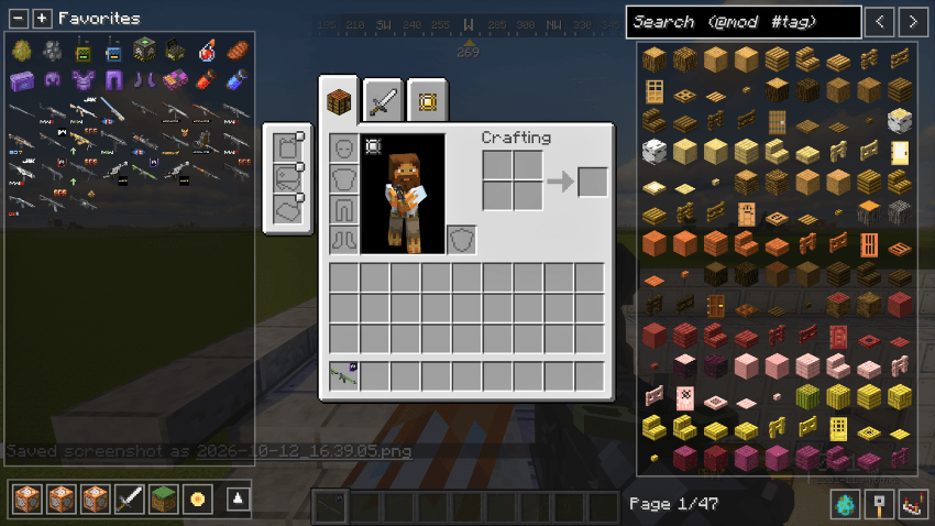 Screenshot of the inventory mod with favorites saved on the left and all blocks on the right