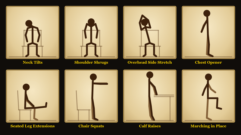 Neck tilts, shoulder shrugs, a side stretch, a chest opener, leg extensions, chair squats, calf raises, and marching in place