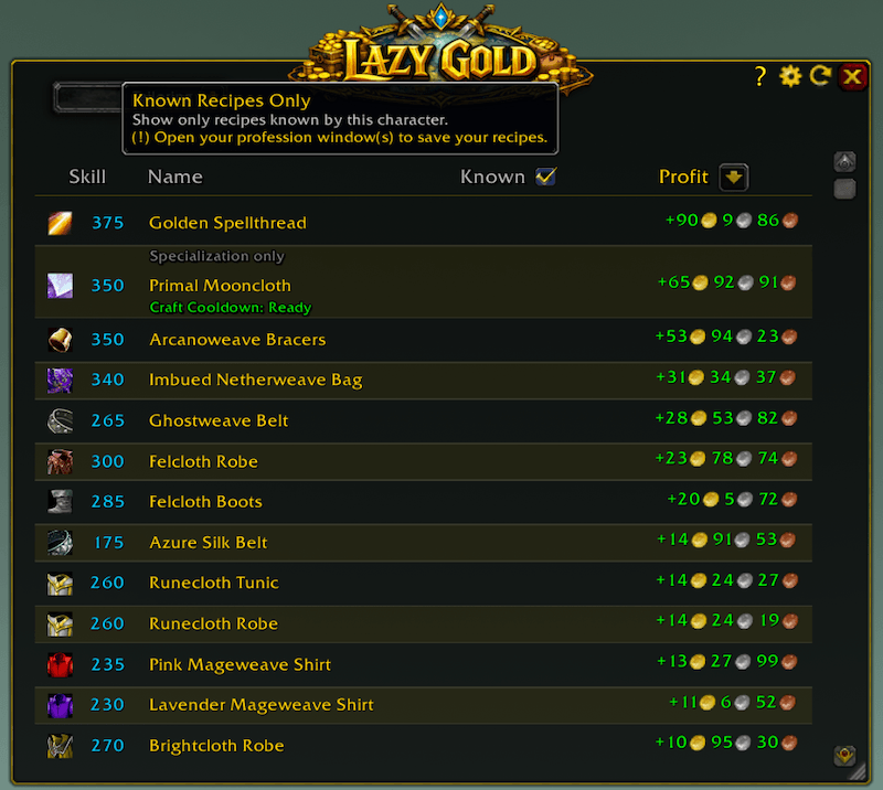 Crafting tab with Known filter enabled