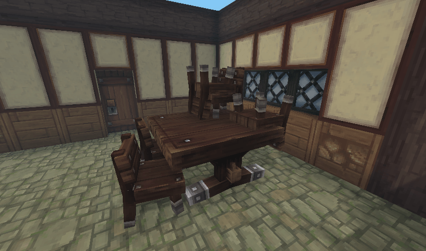 Tucked in, stacked and upside down chairs on table.