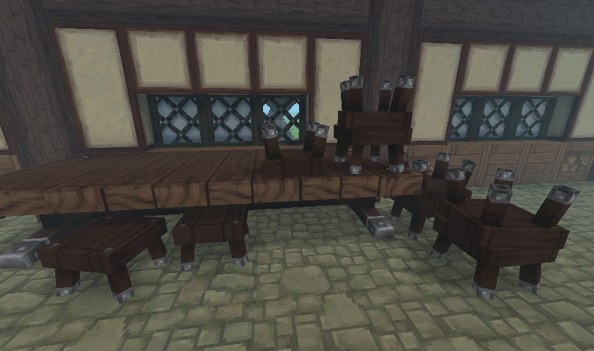 Tucked in, stacked and upside down stool on table.