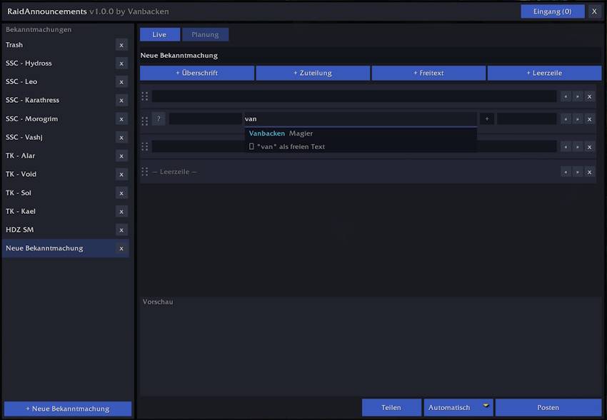 Name field with the suggestion list, class color, and the option to keep the name as free text