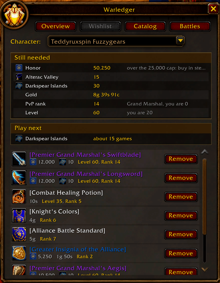 Warledger Wishlist tab with the Character menu, a list of PvP gear, and totals of Honor, Marks of Honor, rank, and level still needed.
