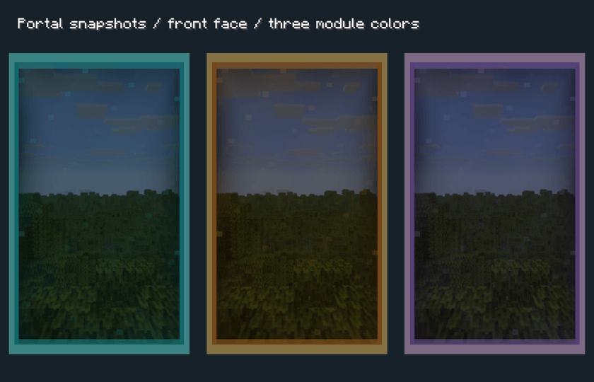 In-engine preview of snapshot portals in cyan, amber, and violet