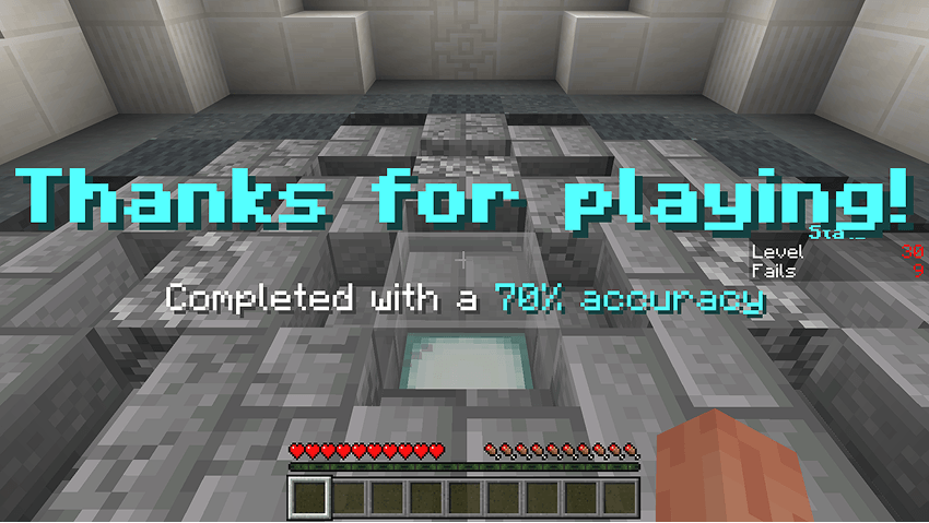 A screenshot of the message “Thanks for playing! Completed with a 70% accuracy” after finishing all 30 levels.