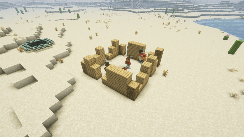 Players building together, seen from above