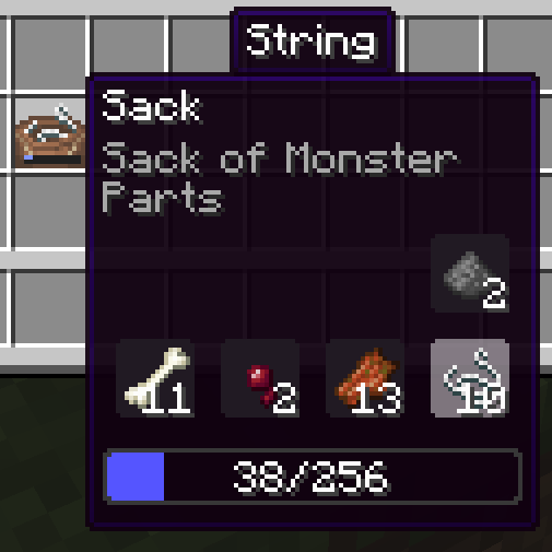 Shows off sack of monster parts