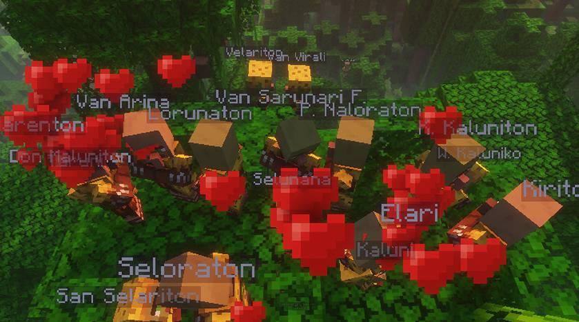 A bunch of villagers with many heart sprites over their heads