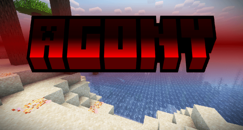 A banned with the title "Agony" in red text in front of a background of a Minecraft beach.