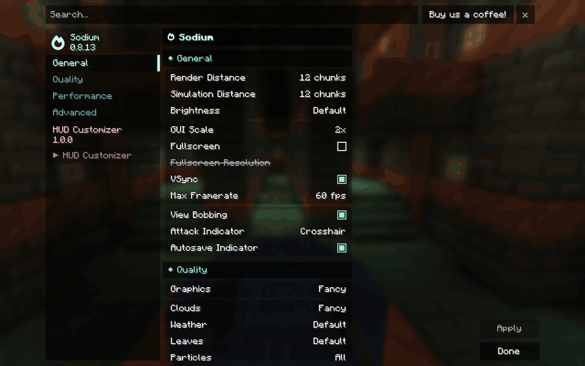 Real Sodium integration: opening and closing HUD Customizer beside the native Sodium sidebar