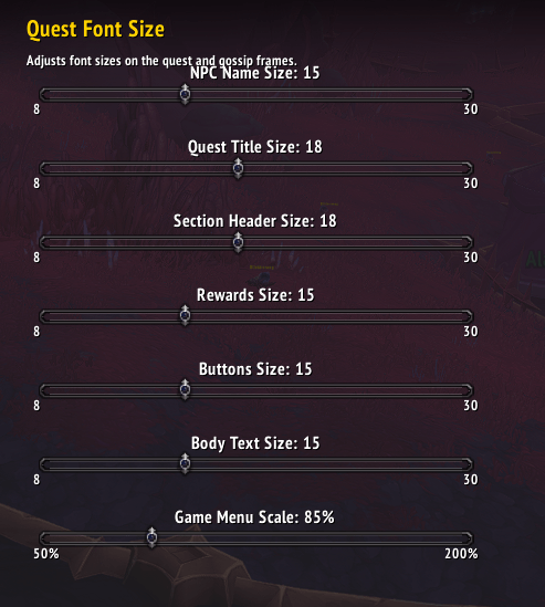 Addon default settings sizes