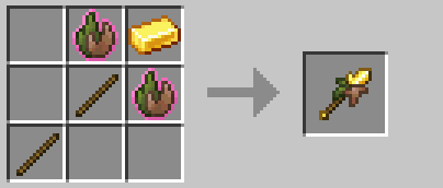 Image of golden mossthorn crafting recipee, it requires 1 gold ingot on top right corner slot, a stick on the middle and bottom left slots and living moss item around the gold ingot, top middle and center right slots
