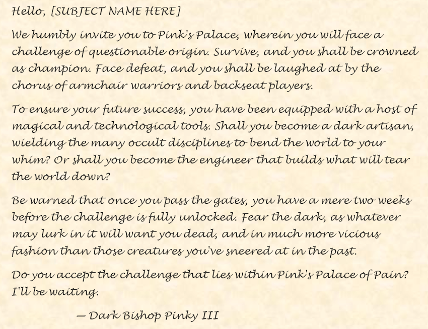 A letter written in script describing the modpack