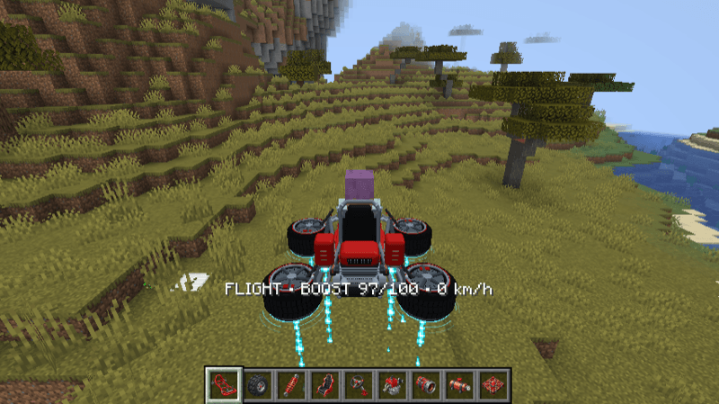 Actual gameplay: powered flight with folded wheels and cyan flight effects.