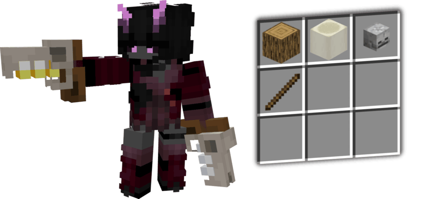The recipe for the Piskul yields 1 log of any choice, 1 stick, a bone block, and a skeleton skull. Image features a deadly 0zymandiu5.