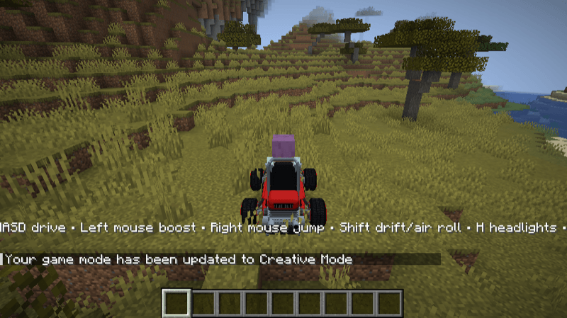 Actual gameplay: the Trail Kart on a generated savanna hillside.