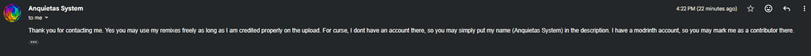 The creator of these remixes giving me permission to use them in this resourcepack.