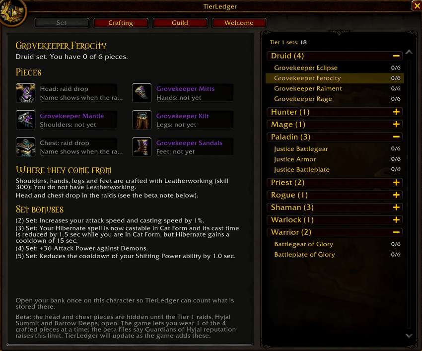 TierLedger Set page for WoW Forever showing Battlegear of Glory with all six pieces, where they come from, and the set bonuses