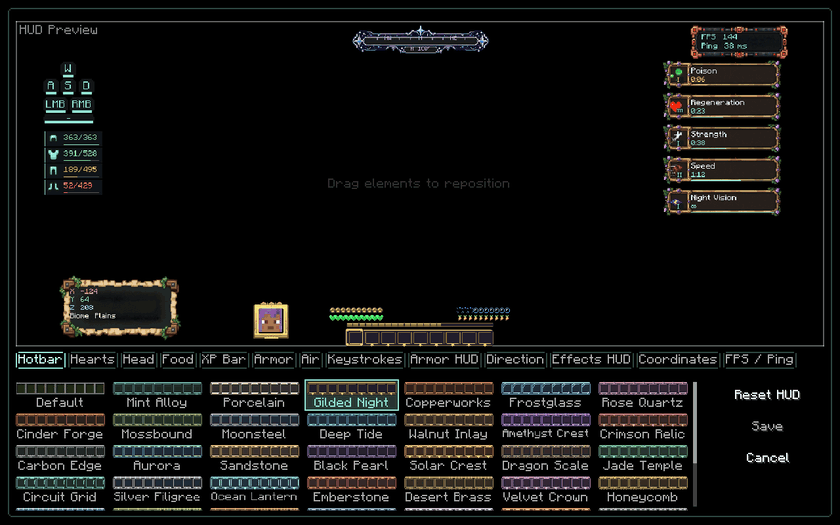 Real HUD Customizer editor: dragging the hotbar and browsing heart and food styles