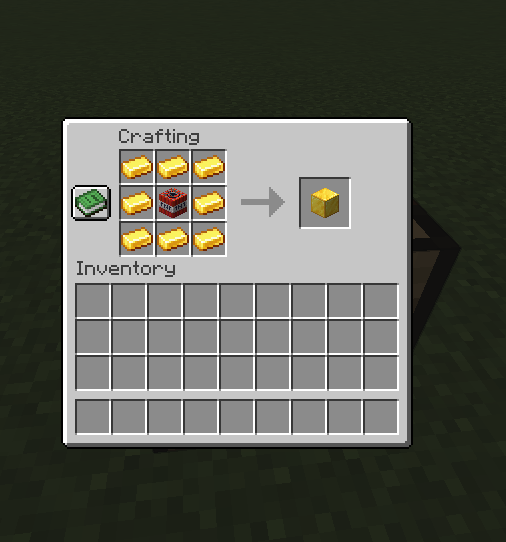 The crafting recipe of the Explosive Gold Block