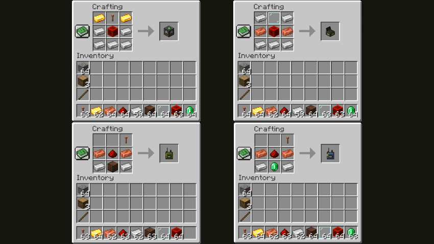Four crafting recipes for the 4 current items in the mod