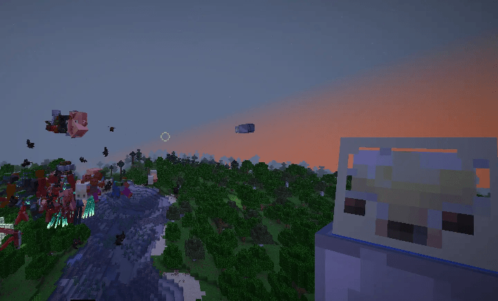 Me holding the new sulfur cube bucket during a beautiful sunset above a forest