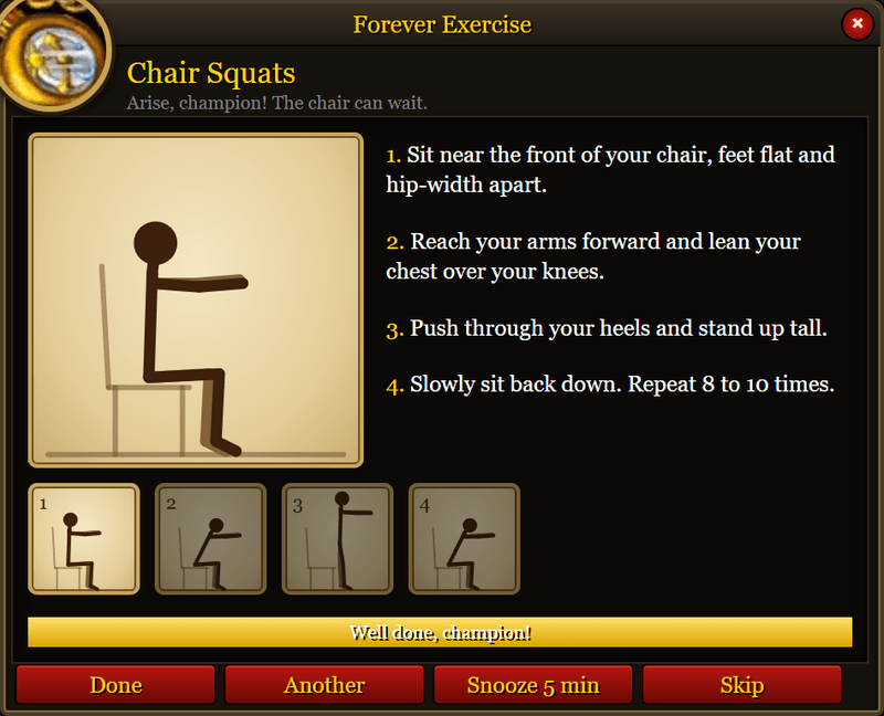 Chair Squats finished, the bar reading Well done, champion