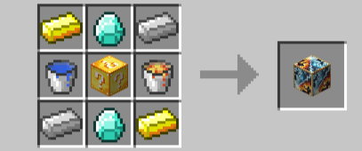 Lucky Block surrounded with 2 diamonds, lava and water bucket. Corners: 2 iron and 2 gold ingot