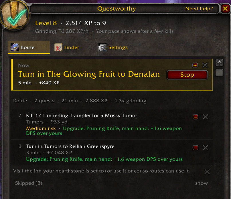 Questworthy Route tab in WoW Classic Era showing the Now step, the planned quest route with numbered stops, and verdict labels on quest pickups.