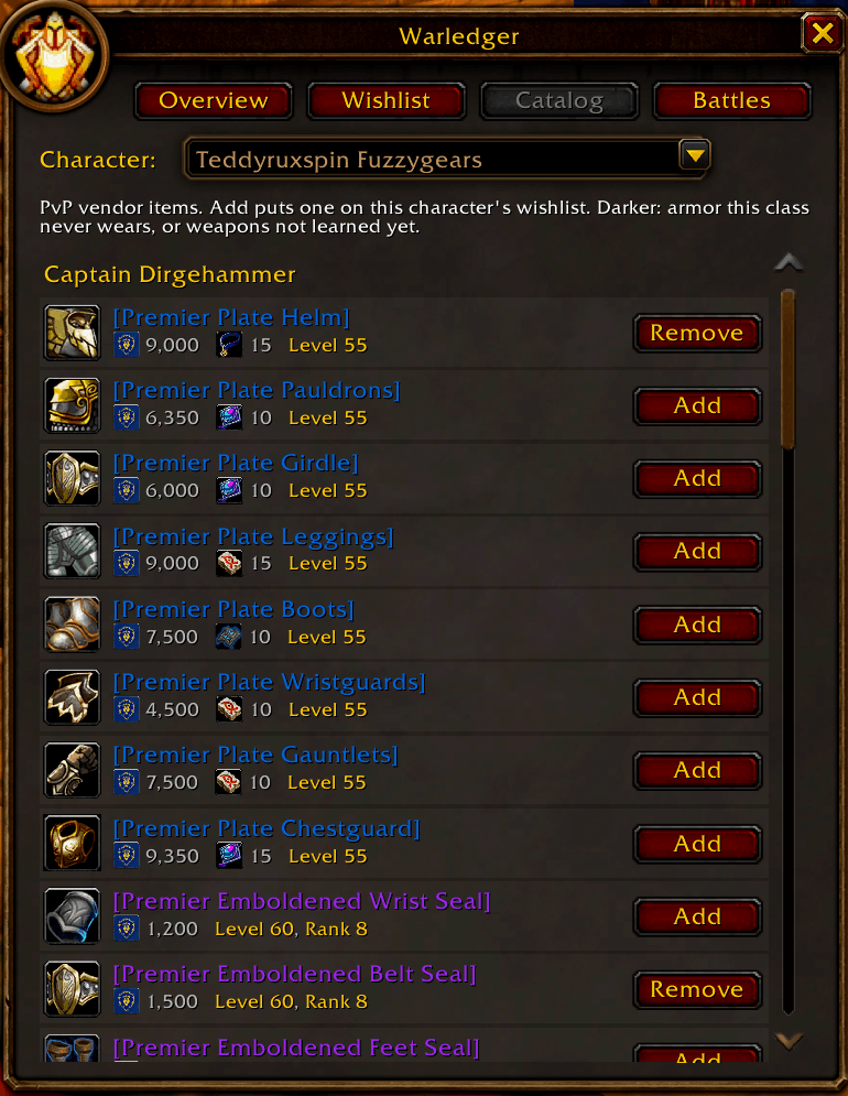 Warledger Catalog tab listing PvP vendor items with Honor and Mark of Honor costs and rank requirements, items the class cannot use darkened.