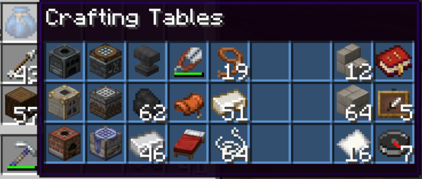 Screenshot showing the tooltips of pouches display a grid of items contained inside.