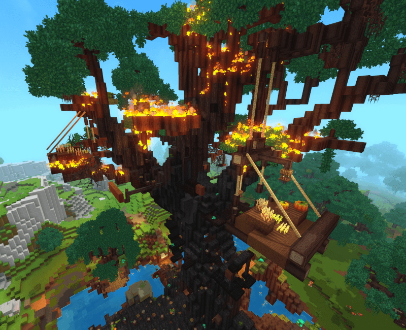 A large kweebec tree burning down