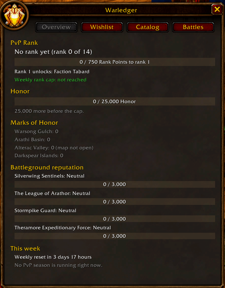 Warledger Overview tab in WoW Forever showing PvP rank progress, Honor against the cap, Marks of Honor for each battleground, and battleground reputations.