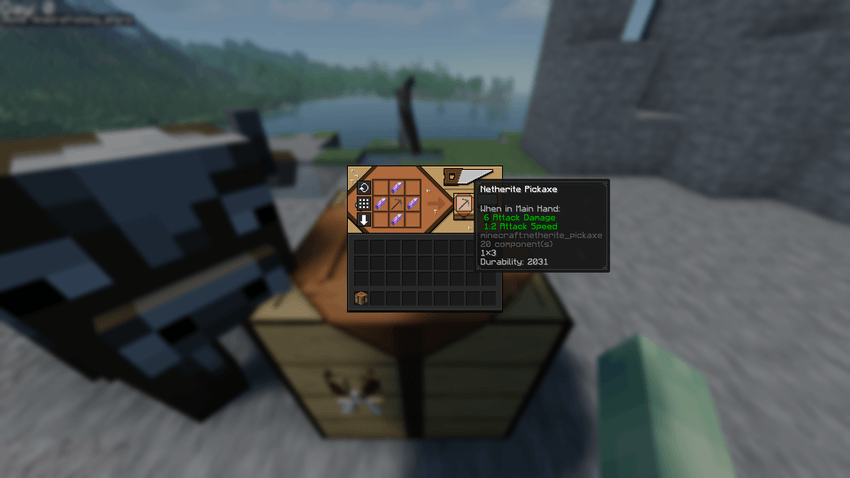 Infused pickaxe recipe and tooltip showing its current 1x3 area