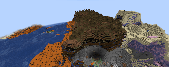 An image of a minecraft world (seed 4443874797342797) but many of the blocks are incorrect, having been corrupted by the inconsistent network order of blockstates between client/server. Sandstone is replaced by waterlogged cherry leaves. Dead bushes are replaced by noteblocks. Brown, light grey, white, red, brown and orange terracotta are replaced by birch buttons in multiple rotations. Uncoloured terracotta appears as waterlogged spruce stairs. Dripstone us replaced by various forms of copper. Etc