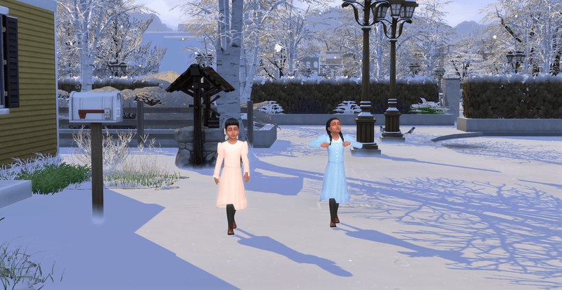 Twin girls in Victorian/Edwardian dresses heading out alone.